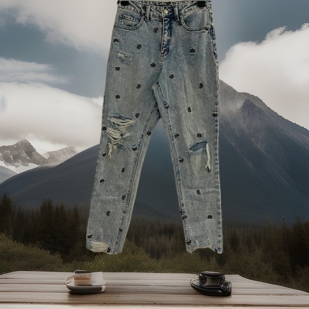 Material Girl Jeans Womens 3 Distressed Butterfly Embroidered‎ High Rise Denim